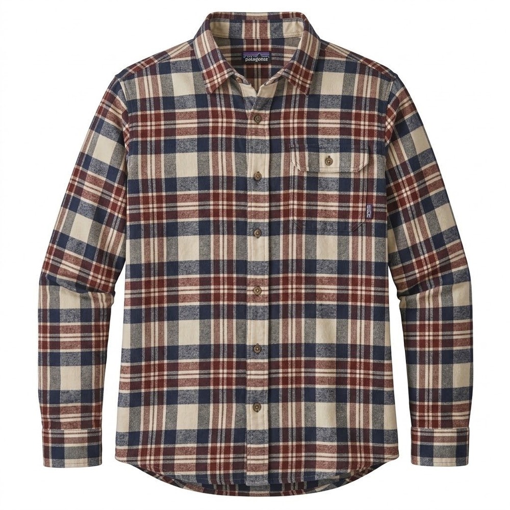 Patagonia Mens Large Organic Cotton Plaid Flannel Shirt Navy Burgundy Cream